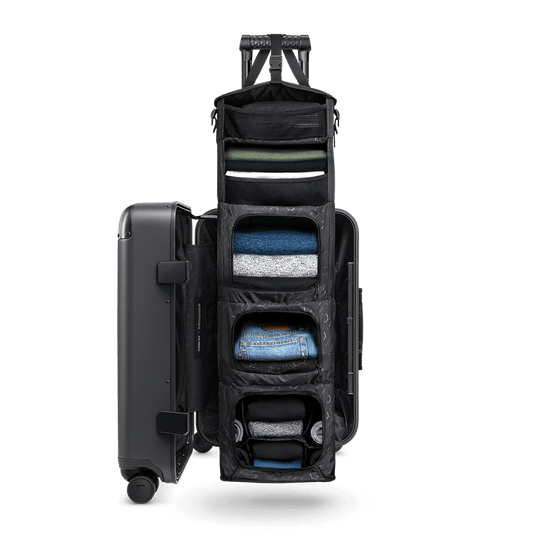 Gray Carry-On Closet Original medium luggage open — spacious and organized travel suitcase interior