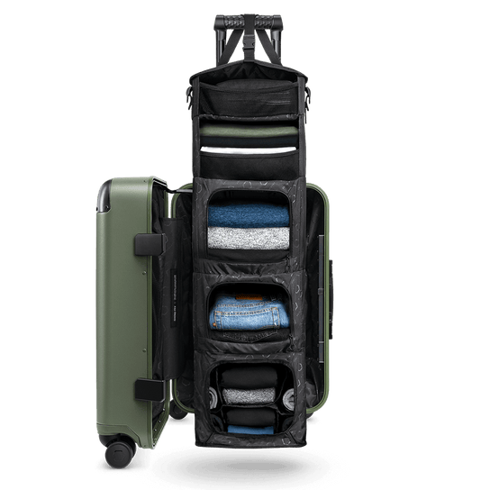 Green Carry-On Closet original medium suitcase showing built-in closet organization